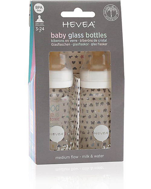 Hevea Set di 2 Biberon 150ml in Vetro con 2 Tetterelle 3-24 mesi, Flusso Medio Accessori Biberon