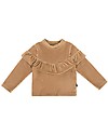 House of Jamie Maglia a Coste con Volant - Biscotto - Velluto di Cotone Maglie Manica Lunga