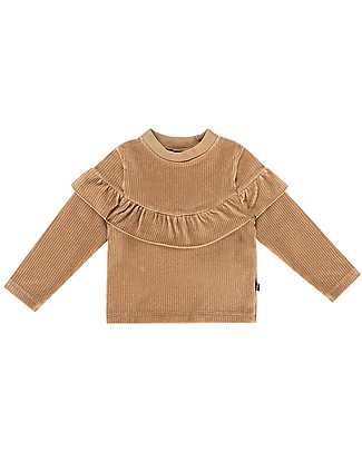 House of Jamie Maglia a Coste con Volant - Biscotto - Velluto di Cotone Maglie Manica Lunga