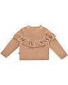 House of Jamie Maglia a Coste con Volant - Biscotto - Velluto di Cotone Maglie Manica Lunga