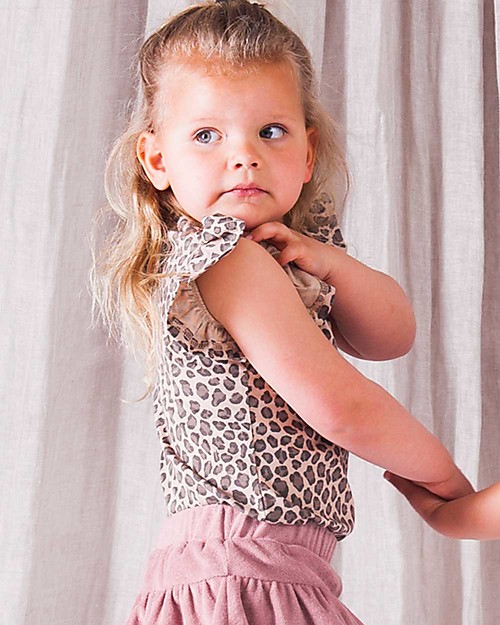 House of Jamie Maglia a Maniche Corte con Volant - Leopardato Caramello T-shirt