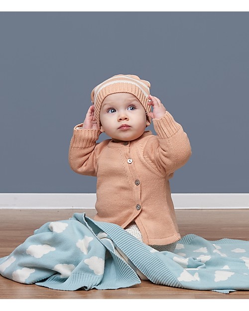 Huggee Copertina Baby Lavorata a Maglia, Grandi Nuvole, 100% Cotone Bio - 110x75 cm Swaddle di Mussola