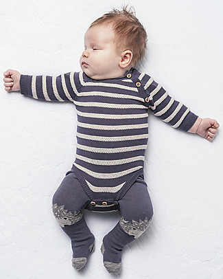 Hust&Claire Body a Righe Lavorato a Maglia - Blu - 100% Cotone Body Manica Lunga