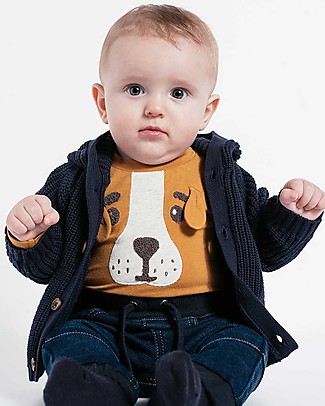 Hust&Claire Body Maniche Lunghe con Ricamo e Orecchie Buster - Cane Ocra - Cotone elasticizzato Body Manica Lunga