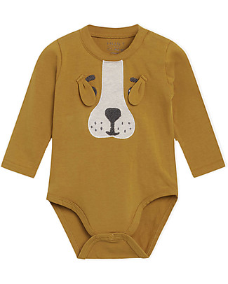 Hust&Claire Body Maniche Lunghe con Ricamo e Orecchie Buster - Cane Ocra - Cotone elasticizzato Body Manica Lunga
