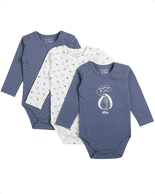Hust&Claire Pacco da 3 Body Base - Blu - Cotone Elasticizzato Body Manica Lunga