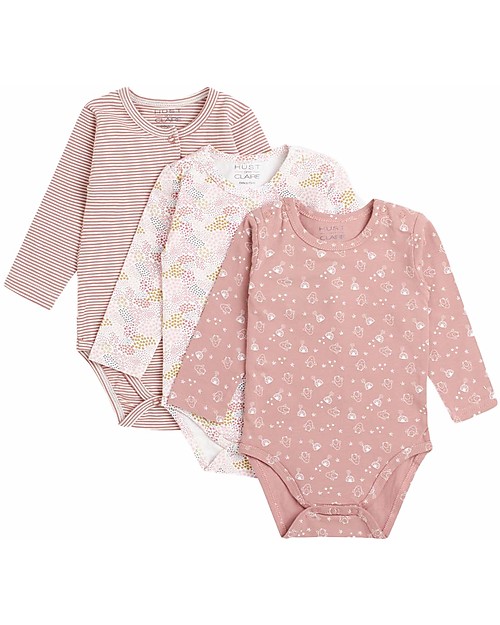 Hust&Claire Pacco da 3 Body Manica Lunga Base - Rosa - Cotone elasticizzato Body Manica Lunga