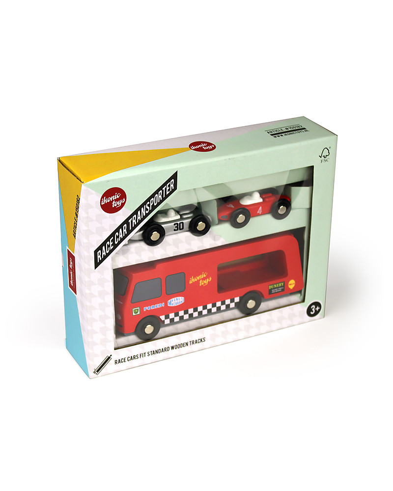 Ikonic toys camion trasporta macchinine da corsa in legno– con 2 ... Macchine bambini