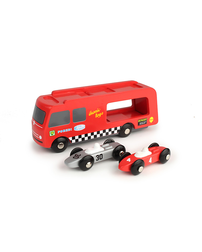 Ikonic toys camion trasporta macchinine da corsa in legno– con 2 ... Macchine bambini