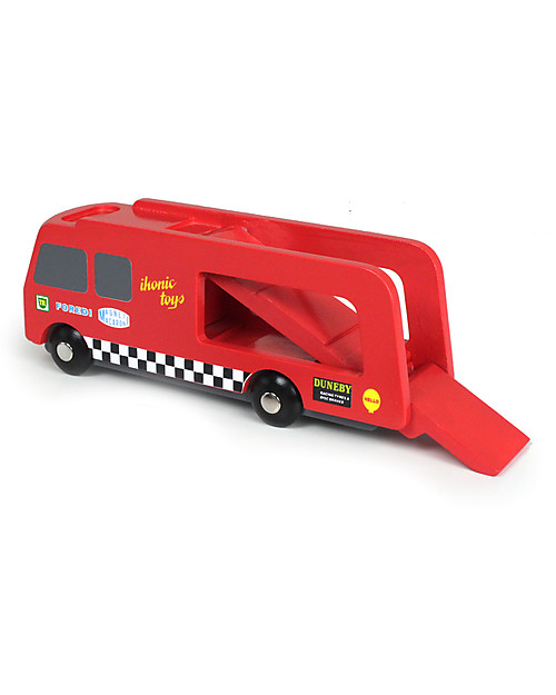 Ikonic Toys Camion Trasporta Macchinine da Corsa In Legno- Con 2 macchine incluse Macchine e Trenini  in Legno
