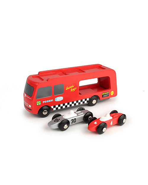 Ikonic Toys Camion Trasporta Macchinine da Corsa In Legno- Con 2 macchine incluse Macchine e Trenini  in Legno