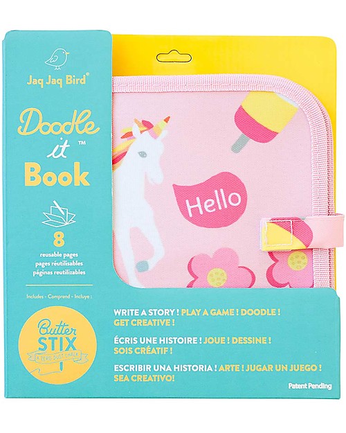 Jaq Jaq Bird Doodle It - Unicorni - Album Riutilizzabile più 4 Gessetti Zero Polvere Butterstix Disegnare e Colorare