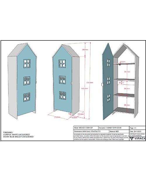 Jaxx Armadio Casami Bruges - Azzurro - 1 Anta - 57,6 x 37 x 171,5 - MDF Armadi