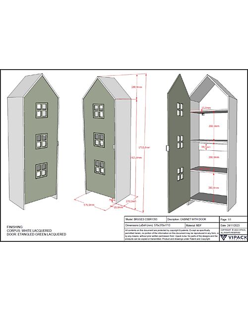 Jaxx Armadio Casami Bruges - Verde - 1 Anta - 57,6 x 37 x 171,5 - MDF Armadi