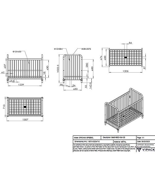 Jaxx Lettino Bronxx  - Bianco Opaco - 60 x 120 cm - Metallo - con Doghe Incluse Lettini con Sbarre
