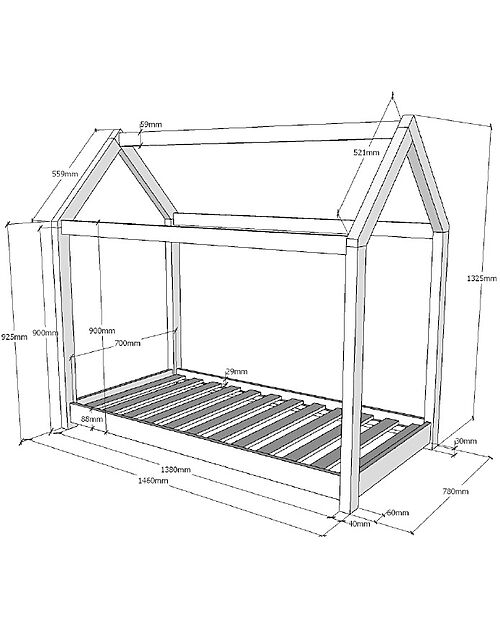 Jaxx Letto Montessori Cabane - Legno Massello di Pino - 70 x 140 cm - Doghe Incluse - Bianco Letti Montessoriani