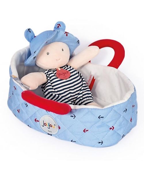 JoliJou Bambola Mathis  con Culla Morbida - 20cm - Marino Blu Bambole