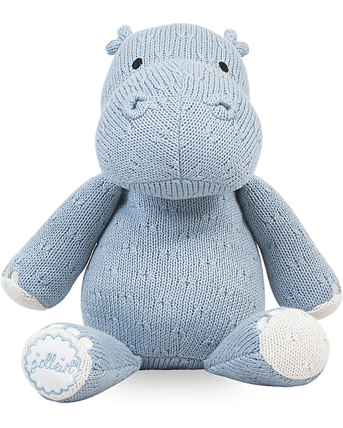 Jollein Pupazzo Ippopotamo con Lavorazione a Maglia, Celeste - Morbidissimo e sicuro per i neonati Peluche
