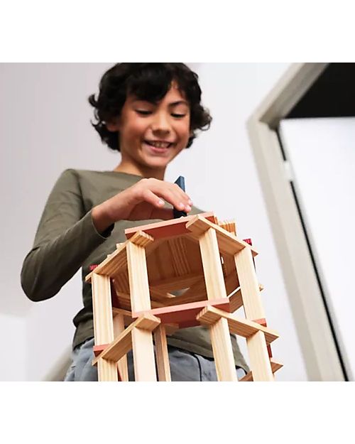Kapla Set Costruzioni 120 Pezzi - Naturale, Blu scuro, Rosa, Rosso - Legno - Educativo e Divertente! Costruzioni in Legno
