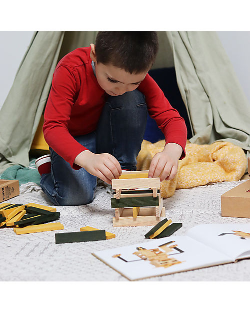 Kapla Set Costruzioni 40 Pezzi con Libretto d'Arte - Giallo e Verde - Legno Costruzioni in Legno
