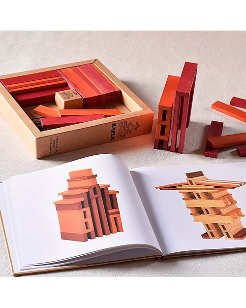 Kapla Set Costruzioni 40 Pezzi con Libretto d'Arte - Rosso e Arancione - Legno Costruzioni in Legno