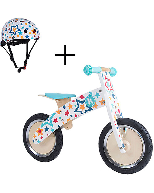 Kiddimoto Bici Senza Pedali in legno Kurve con Casco, Stelle