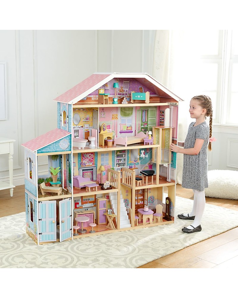 Grande Casa delle Bambole in Legno con Mobili e Bambole famiglia-immediatamente disponibile 