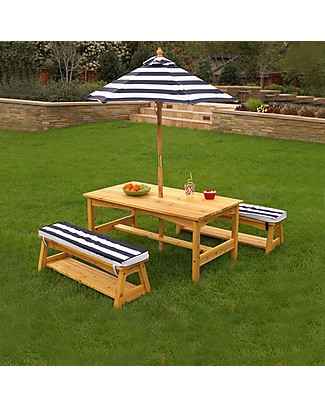 KidKraft Set da Giardino Bimbi Tavolo, Panchine e Ombrellone - Legno Giochi da Esterno_