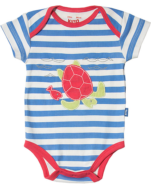 Kite Body Manica Corta Turtle, Righe Bianco e Blu - 100% Cotone Bio (0/12 mesi) Body Manica Lunga