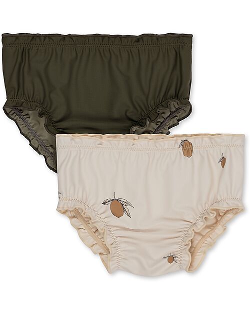 Konges Slojd Pacco 2 Mutandine Costume Bambina Collette - Limoni - Beige/Verde Scuro con Fiori - UPV 50+ Costumi Due Pezzi