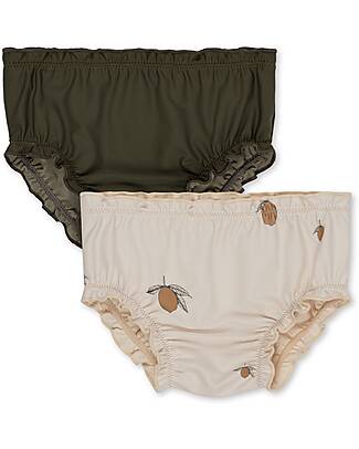 Konges Slojd Pacco 2 Mutandine Costume Bambina Collette - Limoni - Beige/Verde Scuro con Fiori - UPV 50+ Costumi Due Pezzi