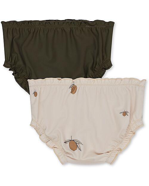 Konges Slojd Pacco 2 Mutandine Costume Bambina Collette - Limoni - Beige/Verde Scuro con Fiori - UPV 50+ Costumi Due Pezzi