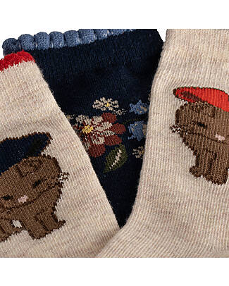 Konges Slojd Set 2 Calzini in Cotone - Gatto Fiori - Crema Blu Navy Calzini