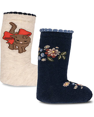 Konges Slojd Set 2 Calzini in Cotone - Gatto Fiori - Crema Blu Navy Calzini