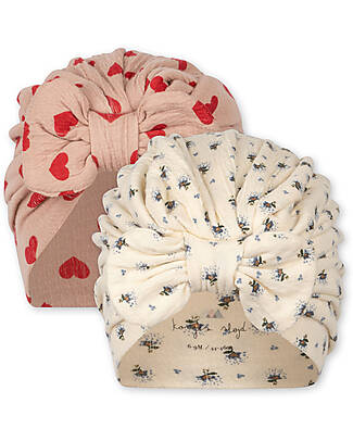 Konges Slojd Set 2 Cappellini Turbante - Coeur Mahogany Point Blue Butter - Cotone Bio GOTS Cappelli Neonato