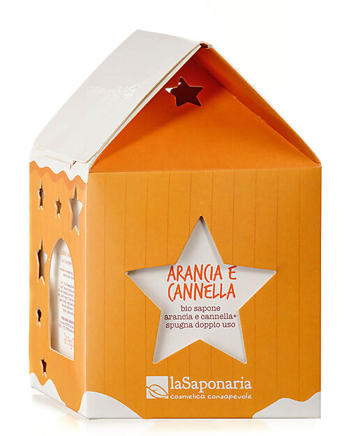 La Saponaria Casetta Lanterna Sapone Corpo Arancia & Cannella + Spugna Cotone & Canapa Bagno Doccia Shampoo
