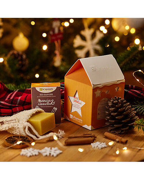 La Saponaria Casetta Lanterna Sapone Corpo Arancia & Cannella + Spugna Cotone & Canapa Bagno Doccia Shampoo