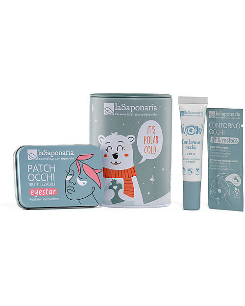 La Saponaria Salvadanaio Orso Polare con Patch Occhi + Contorno Occhi Wow + Campioncino Contorno Occhi Lift&Restore - Latta Creme e Olii