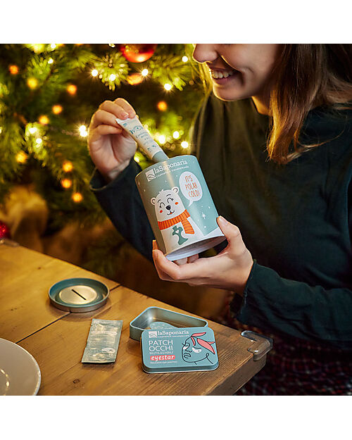 La Saponaria Salvadanaio Orso Polare con Patch Occhi + Contorno Occhi Wow + Campioncino Contorno Occhi Lift&Restore - Latta Creme e Olii