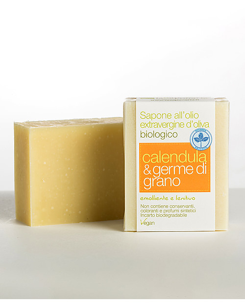 La Saponaria Sapone all'Olio Extravergine d'Oliva, Calendula e Germe di Grano, 100 gr - Emolliente e lenitivo Bagno Doccia Shampoo