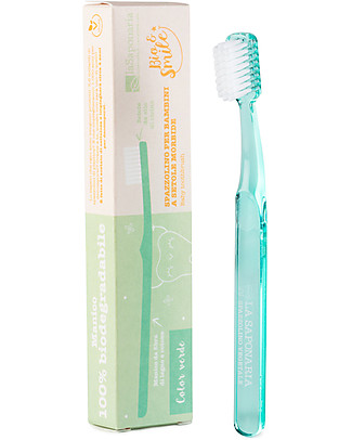 La Saponaria Spazzolino Bimbi in Fibra Vegetale - Verde - 100% Biodegradabile Dentifricio e Spazzolini