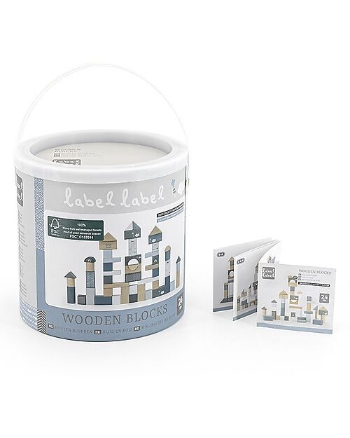 Label Label Blocchi Impilabili in Legno - Azzurro - 50 Pezzi - Legno di Faggio Certificato FSC Costruzioni in Legno
