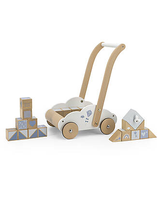 Label Label Carrello Primi Passi in Legno con Blocchi - Azzurro - 12+ m Carrello Primi Passi