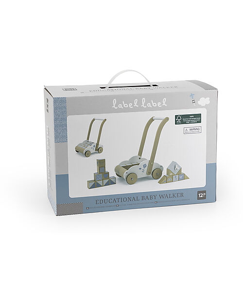 Label Label Carrello Primi Passi in Legno con Blocchi - Azzurro - 12+ m Carrello Primi Passi