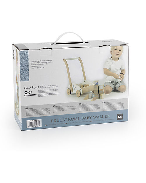 Label Label Carrello Primi Passi in Legno con Blocchi - Azzurro - 12+ m Carrello Primi Passi