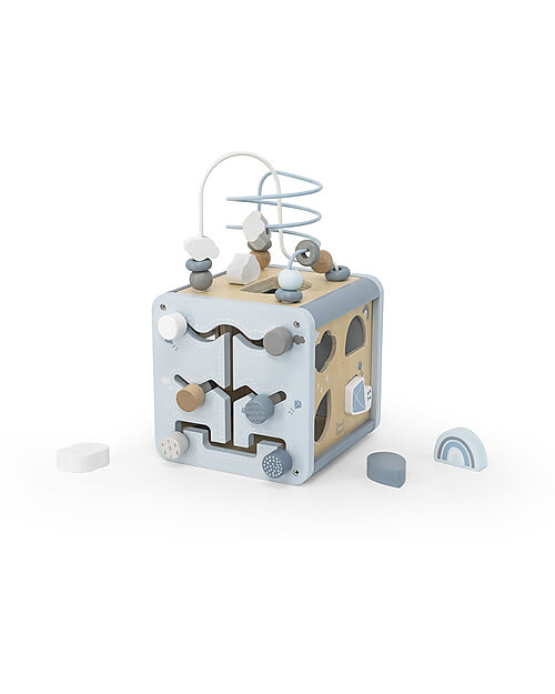 Label Label Cubo Attività 5 in 1 in Legno FSC - Azzurro -12+ m Incastri in Legno