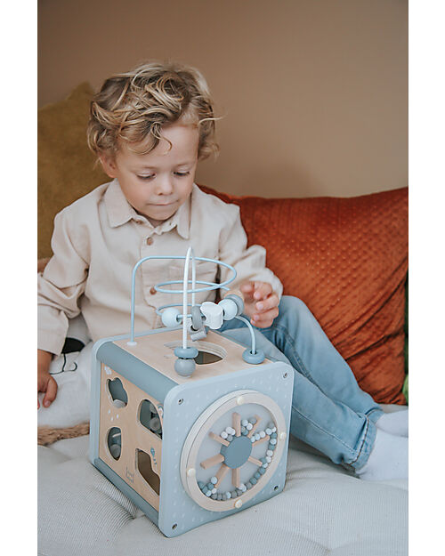 Label Label Cubo Attività 5 in 1 in Legno FSC - Azzurro -12+ m Incastri in Legno