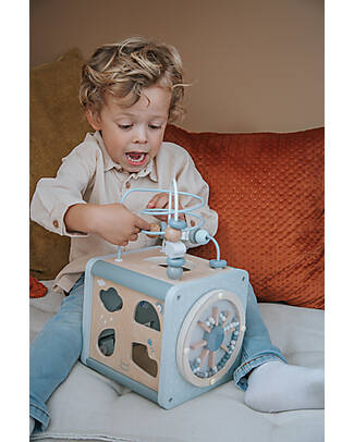 Label Label Cubo Attività 5 in 1 in Legno FSC - Azzurro -12+ m Incastri in Legno