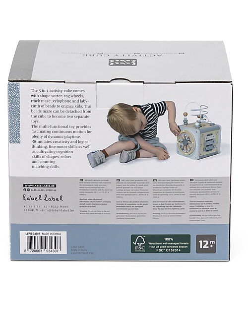 Label Label Cubo Attività 5 in 1 in Legno FSC - Azzurro -12+ m Incastri in Legno
