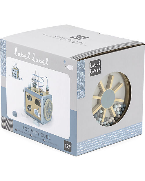 Label Label Cubo Attività 5 in 1 in Legno FSC - Azzurro -12+ m Incastri in Legno